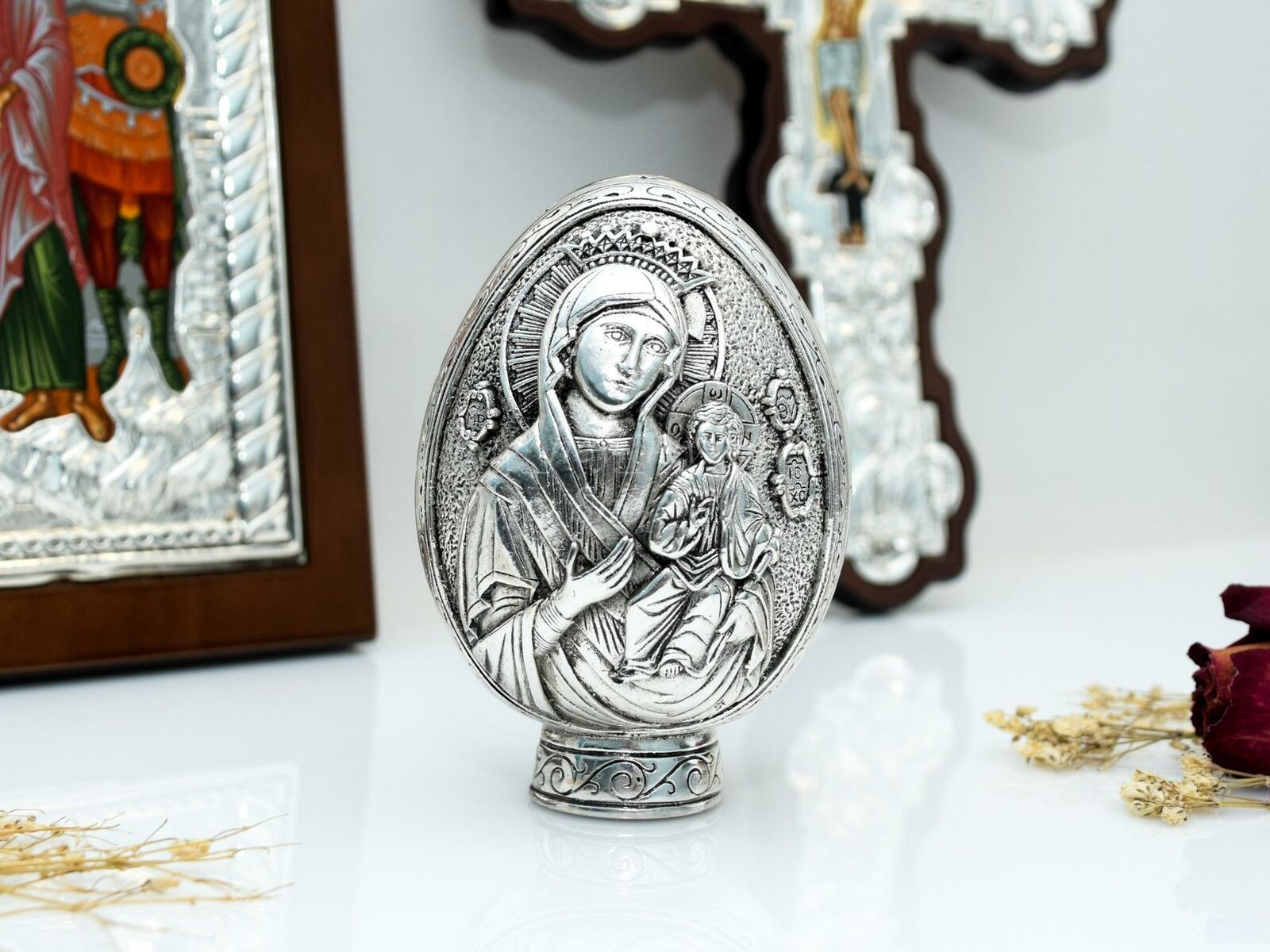 Russian Easter Faberge Egg Pascha Statue Virgin Mary Greek Silver Icon Orthodox