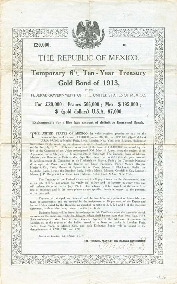 Double White Dove - Republic of Mexico - 20,000 Bond - Mexican Stocks & Bonds