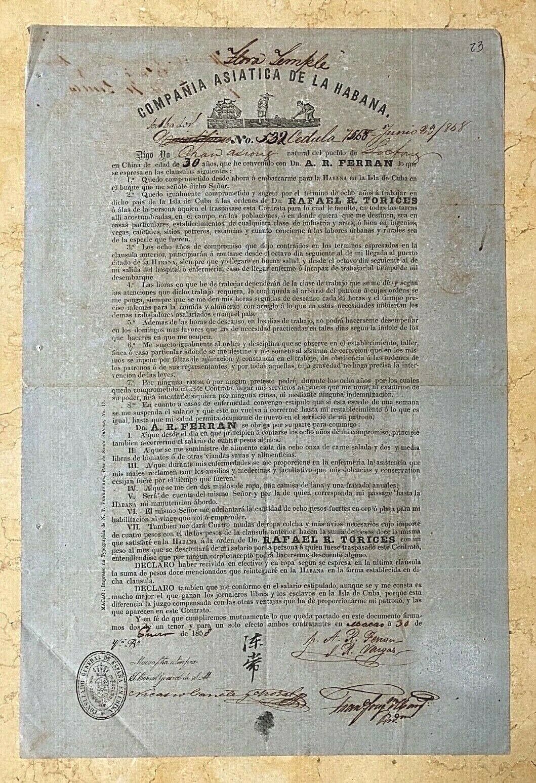 ORIGINAL - (SLAVERY AND ABOLITION) CUBA , CHINESE COOLIE LABOR CONTRACT c1858