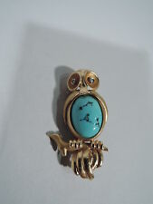 Antique Brooch - Art Deco Modern Wise Owl Pin - American 18K Gold & Turquoise picture