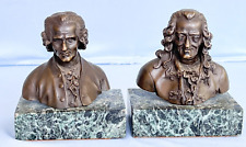 Rare Antique France Rousseau & Voltaire Bronze Busts Philosophy picture