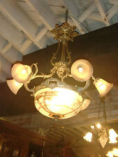 SPECTACULAR HAND PAINTED GLASS, GILDED BRONZE 6 LIGHT CHANDELIER, FRENCH, 19C.  picture