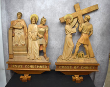 Nice Older Set of Wood Carved Stations of the Cross by Demetz, Italy (CU878) picture