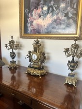 3-Piece Italian Brevettato Brass & Marble Clock & Candelabra Garniture Set picture