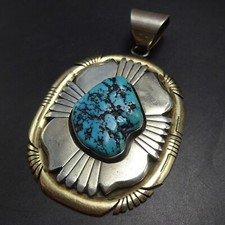 Huge ROBERT KELLY Navajo KINGMAN TURQUOISE Sterling Silver PENDANT 1/20 12K GF picture