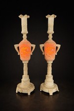 18” Antique Carved Asian Lamps Pair – European Plug, Original Bulbs Rare picture