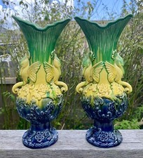 Extraordinary Pair Of Majolica Vases Green Yellow Blue Antique 30cm Tall Asian picture