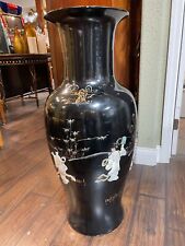 Oriental Black Porcelain Vase w/ Mother of Pearl and Hand-Painted Scenery picture