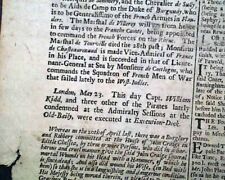 Very Rare Pirate Captain William Kidd Execution Hanging Piracy 1701 Newspaper picture