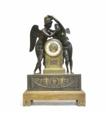 RARE ANTIQUE FRENCH GILT BRONZE FIGURAL MANTEL CUPID & PSYCHE, 1820s picture