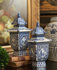 Stunning Blue White Chinoiserie Pagoda Ginger Tea Jar Bud Vase Mantle Pair 7.75” picture