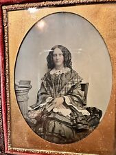 1/4 AMBROTYPE PRETTY WOMAN LONG HAIR CURLS JEWELRY BEAUTIFUL DRESS HOLDING BOOK picture