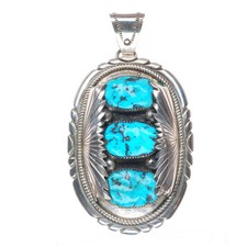 Huge Robert and Bernice Leekya Zuni sterling silver 3 stone turquoise pendant picture