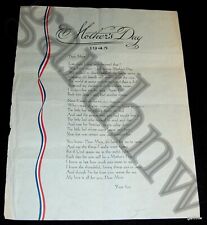 MOTHER'S DAY 1945 WORLD WAR II  SOLDIER'S PATRIOTIC POEM * DREAM OF PEACE picture