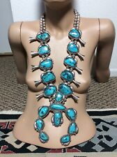 HUGE Old Pawn Squash Blossom Necklace Sterling Silver Stormy Mountain Turquoise picture