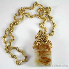 IMPORTANT 19C CHINESE MUTTON FAT WHITE JADE CARVED OX 14K YELLOW GOLD CHAIN picture