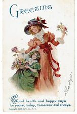 1905 Greeting good health happy days Victorian woman & child flowers Postcard picture