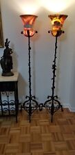 Fabulous Pair Arts Crafts Wrought Iron Dragon Torchiere Lamps w Marble Shade 68” picture