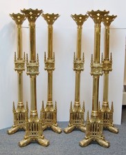 SET OF SIX (6) BRASS GOTHIC ALTAR CHURCH CANDLESTICKS, 40