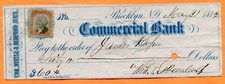 Brooklyn, NY, Commercial Bank, Revenue Stamped Check 1872 to James Roper picture