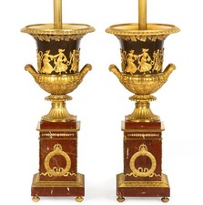Pair of French 19th Century Neoclassical Bronze and Red Marble Lamps picture