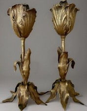 19th C Bronze Pair French Candlesticks Candle Holders Tulips ART NOUVEAU SIGNED picture
