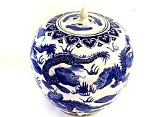 ANTIQUE CHINESE H/ PAINTED BLUE ON WHITE PORCELAIN JAR WITH COVER DRAGON DESIGN picture