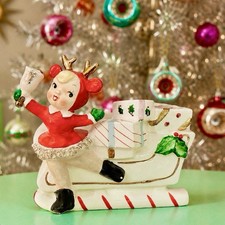 Vintage Norcrest Christmas Ice Skater Reindeer Girl Candy Cane Planter Japan MCM picture
