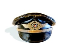 WW1-WW2  German Officer's Black Leather Muir Visor Cap, Strap + Wreath & Cockade picture