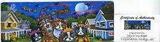 DOUBLE ACEO HALLOWEEN CATS COSTUME WITCH BROOM GHOST PUMPKINS MOON BATS PAINTING picture