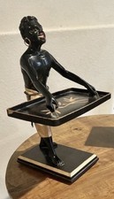 Rare Vintage Hand Carved Wood Blackamoor Holding a Tray with Ivory Teeth, 14.5” picture