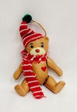 Vintage Christmas Teddy Bear Ceramic Moveable Joints Hat Scarf Ornament Heart picture