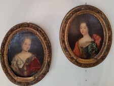 ANTIQUE PAIR OF FINELY PAINTED 16c 17c FRENCH NOBLE WOMEN & ORIGINAL GILT FRAMES picture