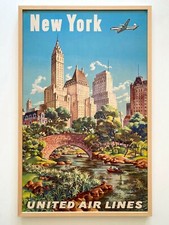 RARE 1947 MCM LITHOGRAPH PRINT FRAMED UNITED AIRLINES NEW YORK LRG TRAVEL POSTER picture