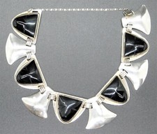 TAXCO MEXICO STERLING & ONYX CARVED MASKS BRACELET SIGNED AP ABRAHAM PAZ picture
