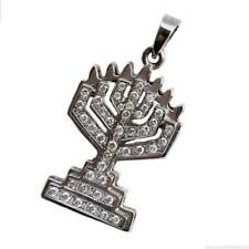Menorah Jewish Pendant in 18K White Gold with Studded Diamond Solid Handmade picture
