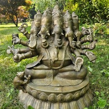 Five-Headed Seated Ganesha Idol with Ten Arms Brass Statue 17” Handmade in India picture