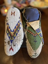 Antique Lakota Moccasins with Beaded Tops and Bottoms Circa 1870's-1880's picture