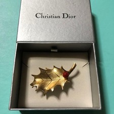 Christian Dior Red Coral Brooch Gold Leaf Unused Rare Out of Print picture