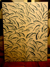 FOSSIL FISH MASS MORTALITY 30'' X 40'' POP ART WATER COLOR PAINTING ON CANVAS picture