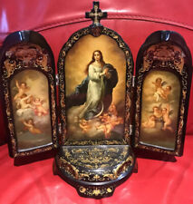 Museum Quality RARE  Signed Painted Triptych Icon Immaculate Conception Angels picture