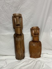 VTG Hand Carved Wood PAIR Moai Rapa Nui Figures Easter Island Ancestor LARGE 50s picture