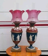 Pair Victorian Wedgwood Applied Slip Hinks Oil Lamps, Oil & Electric, Shades picture
