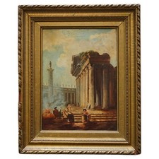 ANTIQUE GRAND TOUR MARCUS AURELIUS STATUE CORINTHIAN PILLAR ROMAN OIL PAINTING picture