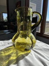 Blenko? Vintage Avocado Green Hand Blown Glass Applied Handle Pitcher 11” -Super picture