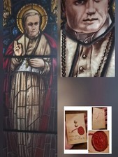 Stunning Old S PIO X vitraux Window 170 Cm x 50 Cm + Holy Relic Card Buttons picture