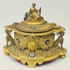 RARE CASKET NAPOLEON III GILT BRONZE ,9 CLOISONNE ENAME PLAQUES LOCK & KEY picture