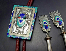 NAVAJO Abraham Begay MUSEUM QUALITY Turquoise Lapis Inlay BOLO Sterling Silver picture