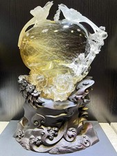 15.1LB Natural Golden Rutilated Quartz Carved Bird Flower Crystal Reiki+Stand picture