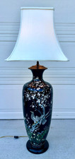 Huge Meiji Japanese Cloisonné Black Ground Bird & Blossom Tall Table Lamp 40